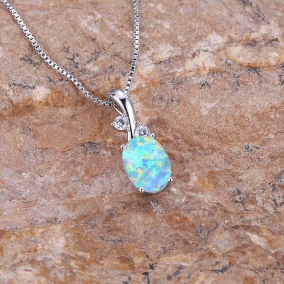 NEW 14k White Gold Blue Fire Opal Necklace Opal Pendant Necklace - Picture 5 of 6